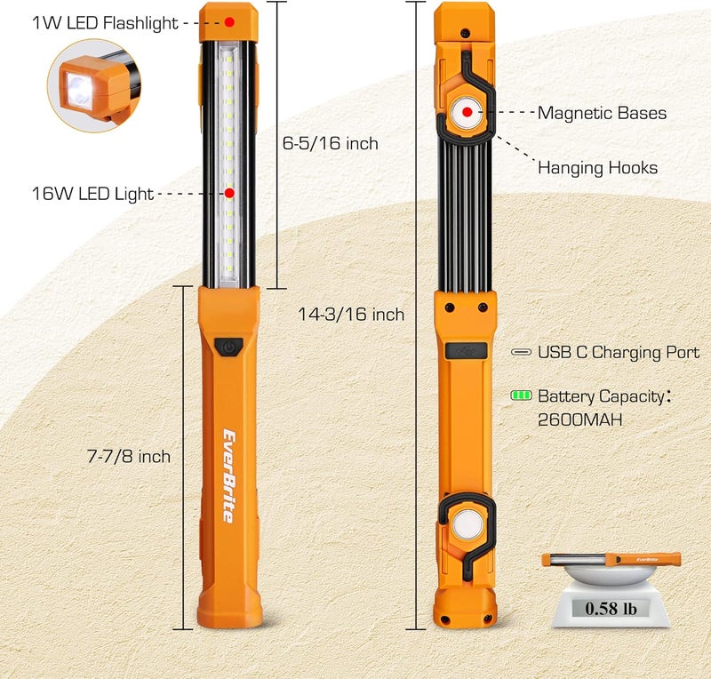EverBrite 1000LM ضوء عمل LED، ضوء عمل قابل لإعادة الشحن للميكانيكيين مع قاعدتين مغناطيسيتين مزدوجتين و خطافات تعليق، 4 أوضاع إضاءة، كابل USB C، لإصلاح السيارات، العمل، والعواصف، عبوة من 1 - Image 2